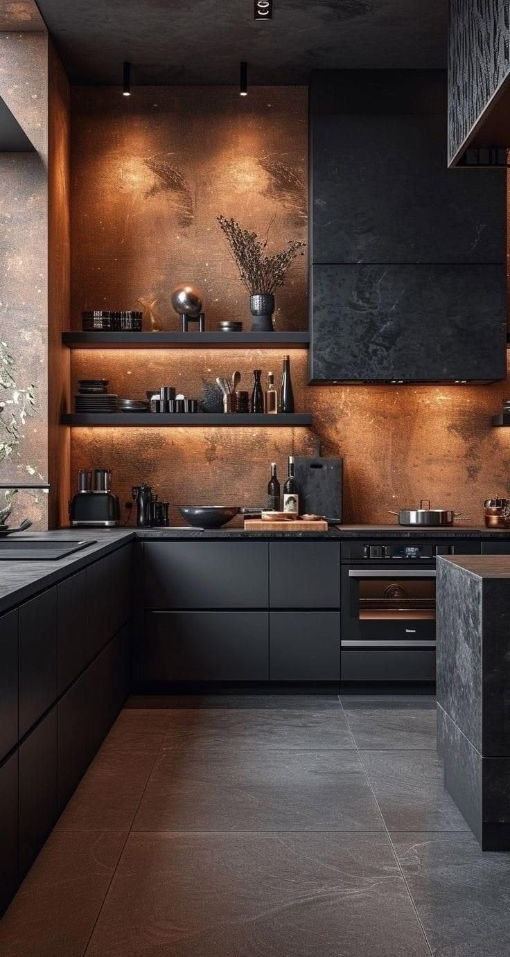 a modern kitchen with black cabinets and counter tops