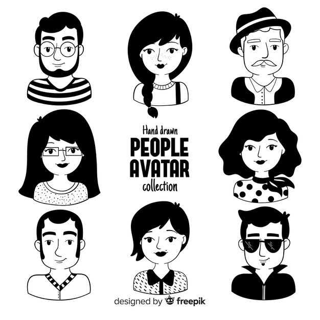 people avatars in black and white, with the caption'hand drawn people avatar collection '