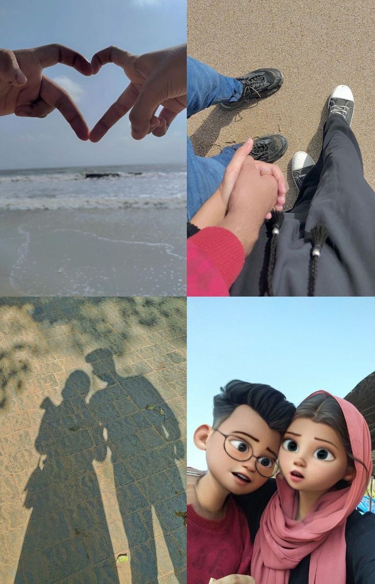 two people making heart shapes with their hands on the beach and in front of them is an image of a man holding a woman's hand