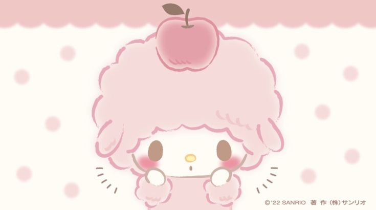 a cartoon character with an apple on top of her head, wearing a pink wig