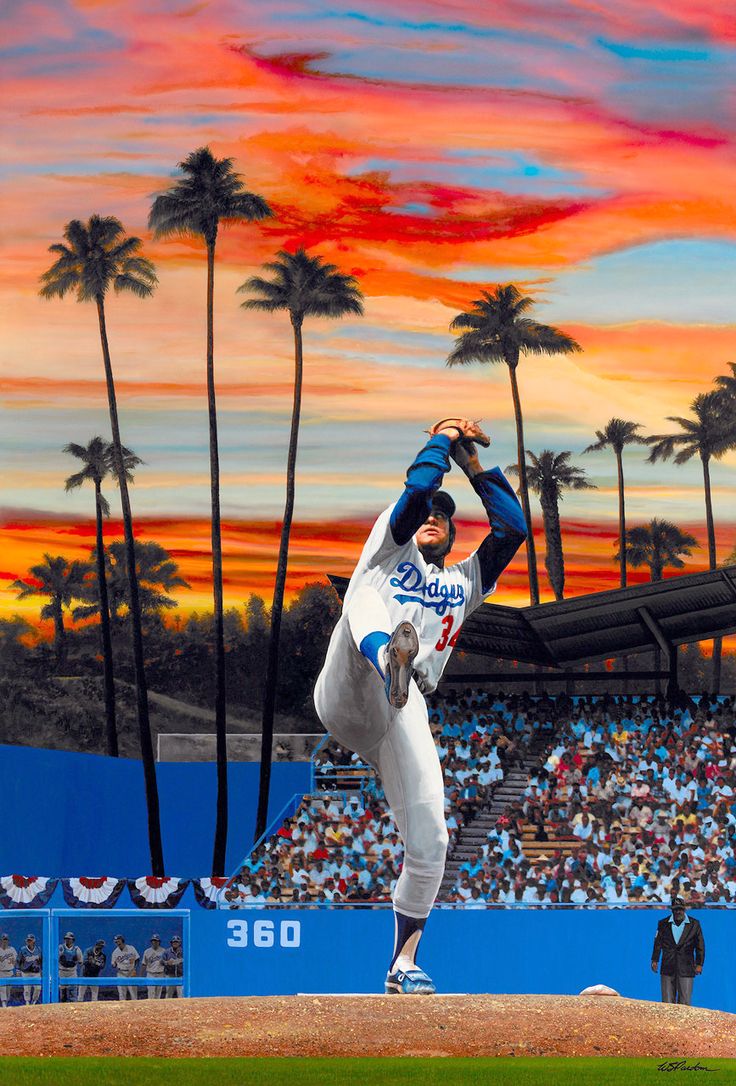 a painting of a baseball player throwing a ball in front of a stadium full of people