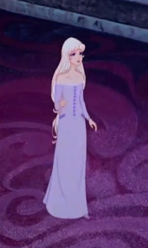 a woman in a long dress standing on a purple carpet with swirly circles around her