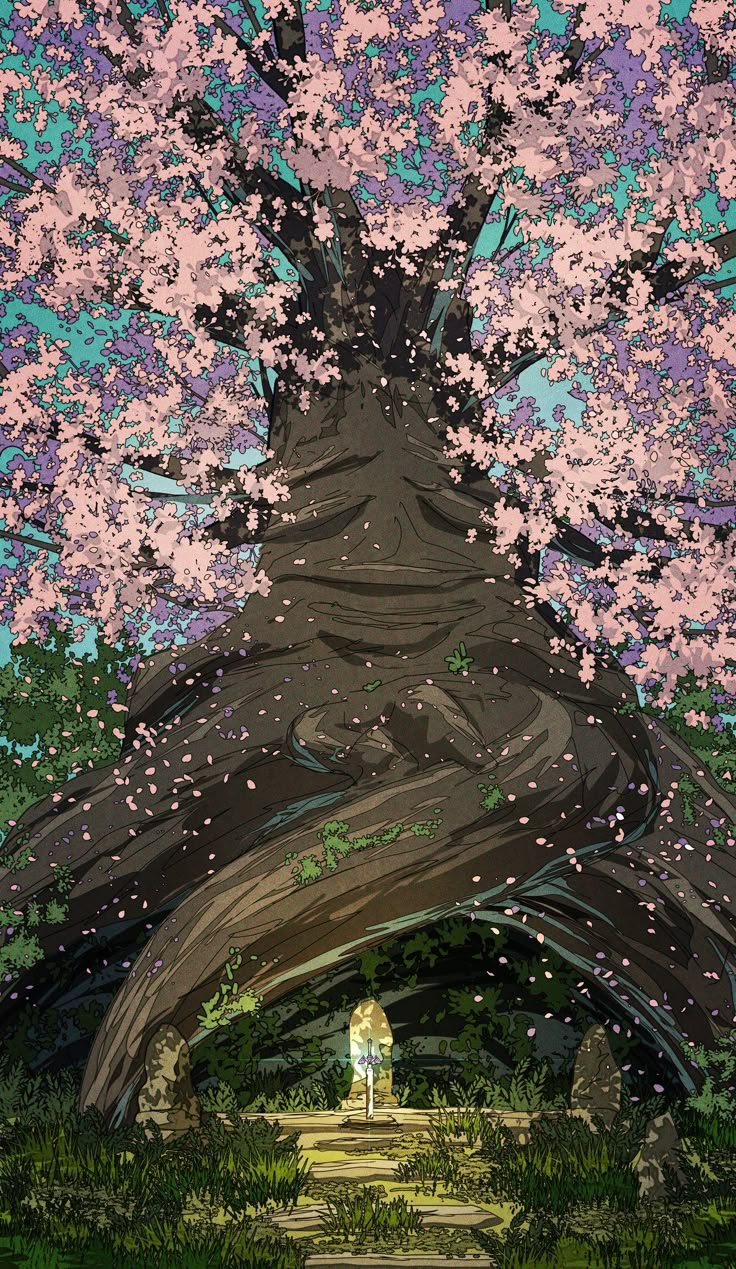 a painting of a tree with pink flowers in the foreground and a person standing under it