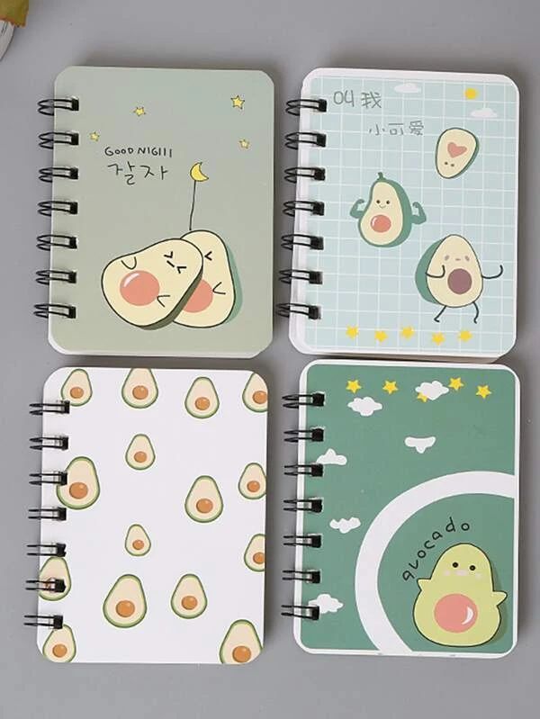 three notebooks with different designs on them, one has an avocado design