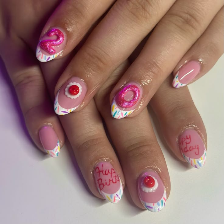 Birthday Cake Nails Design, Ballon Nails, Birthday Themed Nails, Frosting Nails, 21 Birthday Nails, Fun Birthday Nails, Birthday Cake Nails, Cake Nail Art, Melanie Martinez Nails