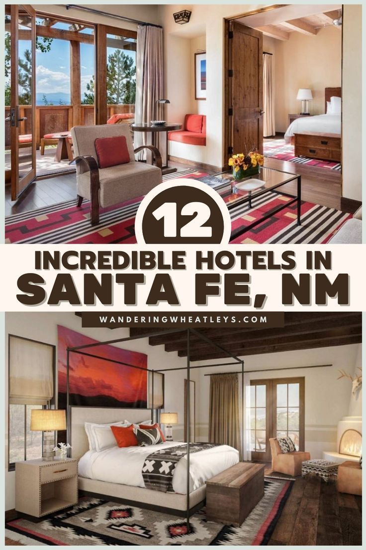 an advertisement for the 12 incredible hotels in santa fe, nm with pictures of beds and chairs