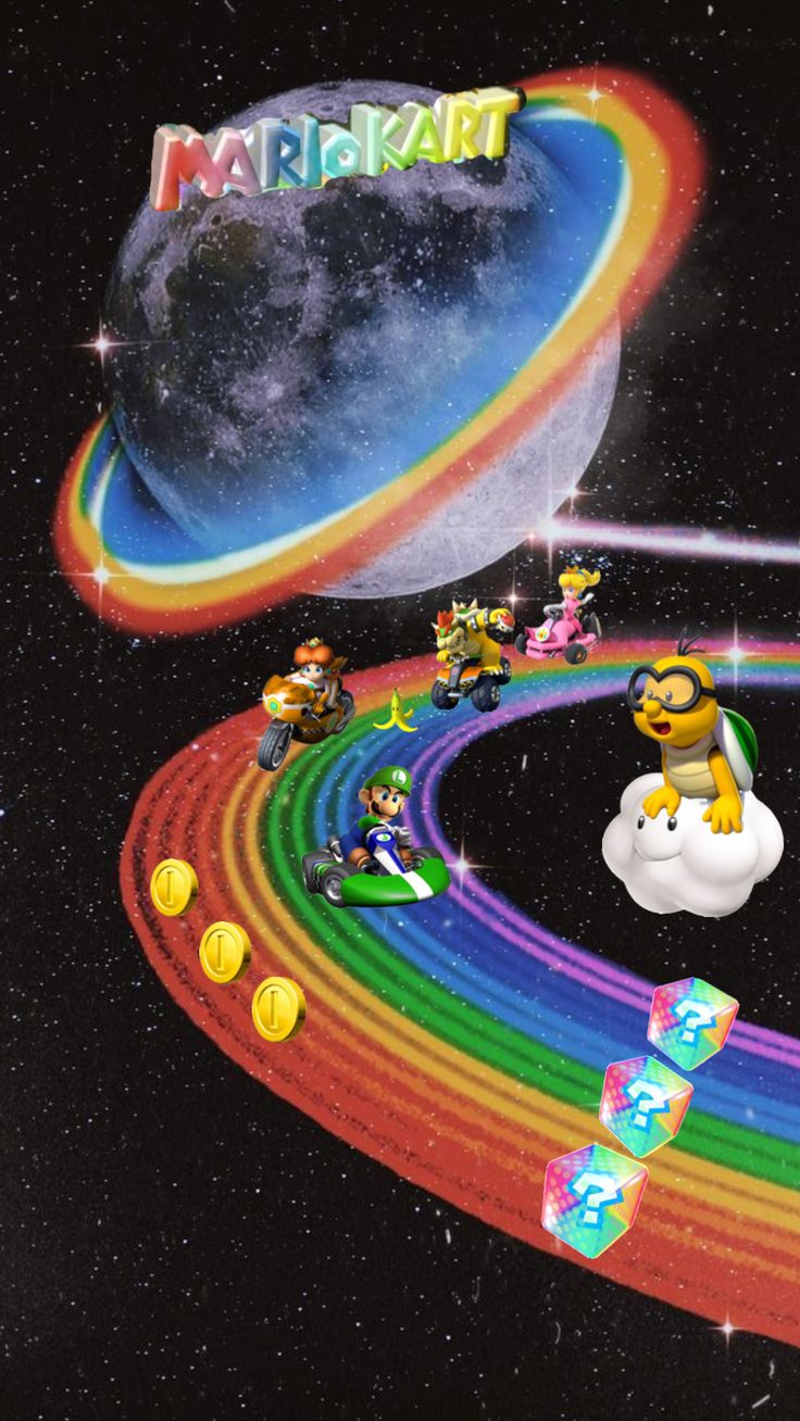 an image of mario kart in the sky with rainbows and stars around it