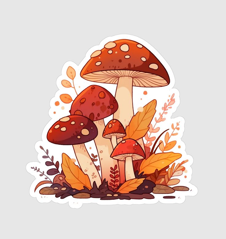 mushrooms and leaves sticker on a white background