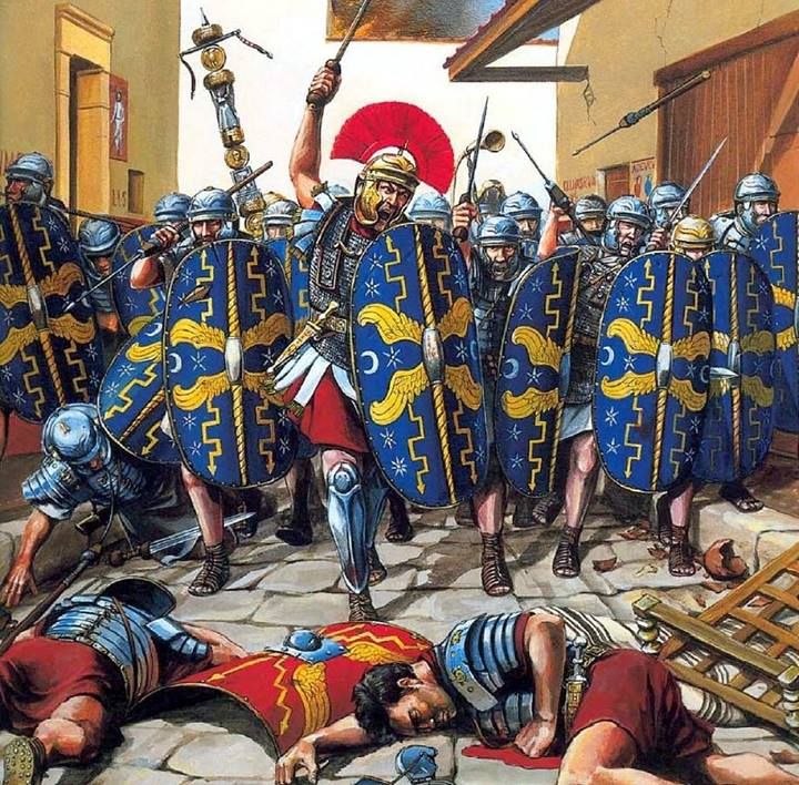 a painting of men in roman armor with swords and shields on the ground, surrounded by other men