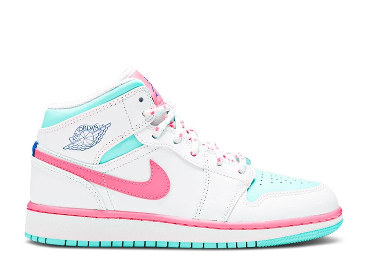 Air Jordan 1 Mid GS 'Digital Pink' - Air Jordan - 555112 102 - white/digital pink/aurora green/soar | Flight Club Cute Jordans, Preppy Birthday, Preppy Inspo, Nike Shoes Women Fashion, Pink Aurora, Pink Jordans, Trendy Shoes Sneakers, Jordan Shoes Girls, Preppy Shoes