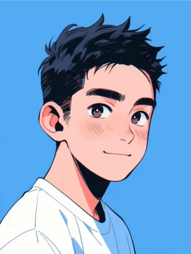 a boy with black hair and blue eyes looks at the camera while wearing a white shirt