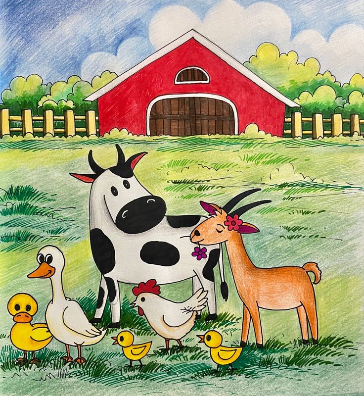 a drawing of a cow and her babies in front of a barn with ducklings