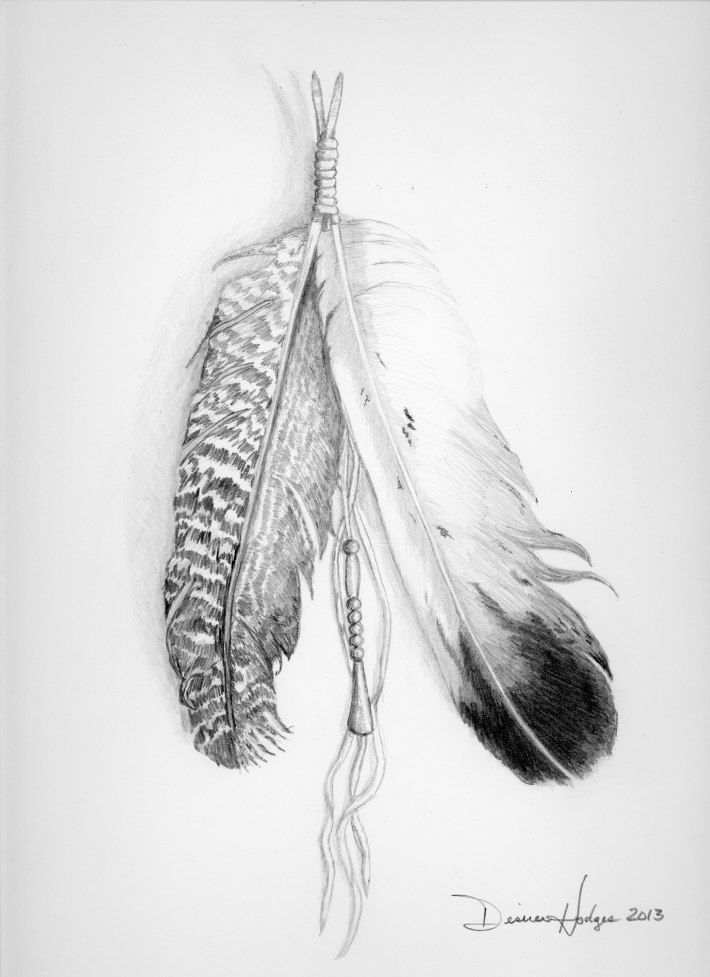 a black and white drawing of two feathers