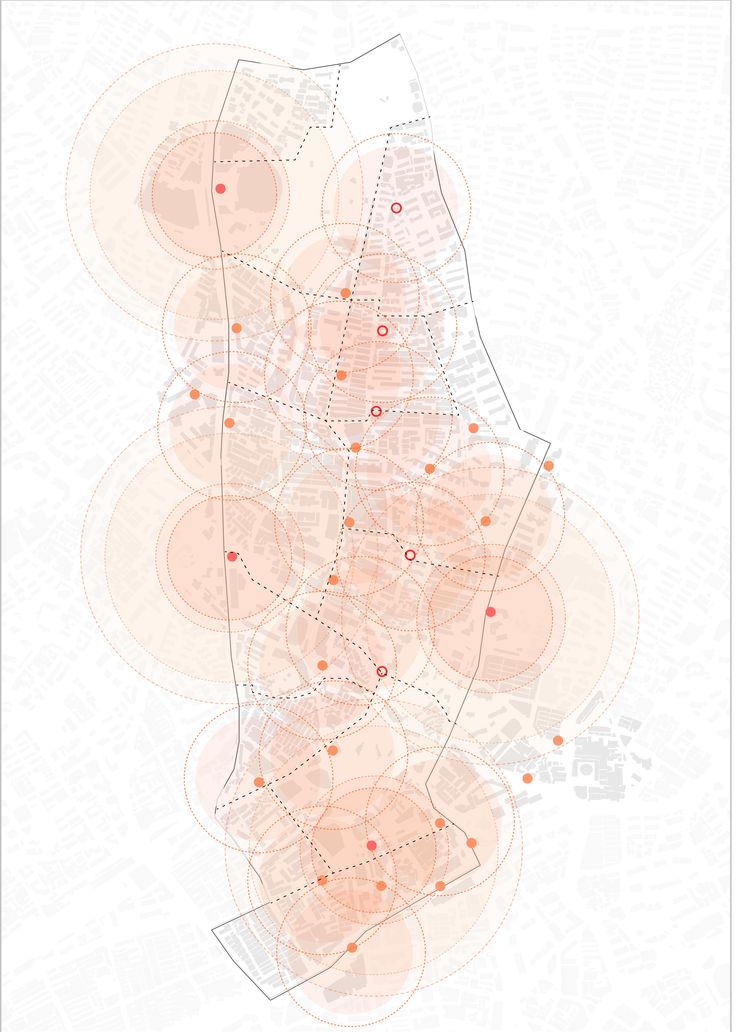 an orange and white abstract map with circles on the top, in different sizes and colors