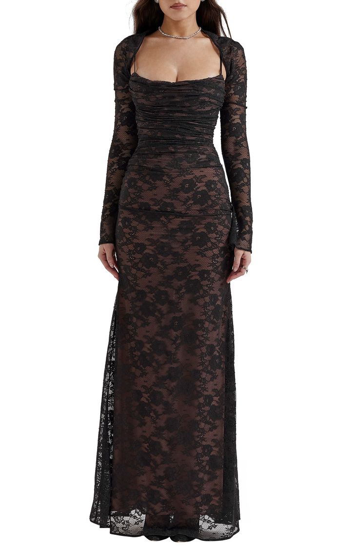 Dreamy floral lace cascades stunningly down your figure in a sweeping maxi dress shaped with delicate ruching at the waist and framed by fitted long sleeves. Exclusive retailer   Hidden side-zip closure   Square neck   Long sleeves   Lined   62% recycled polyamide, 38% polyamide; 80% polyamide, 20% elastane; 100% polyester; 100% polyamide   Dry clean   Imported Black Lace Maxi Dress, Corpse Bride, Lace Corset, House Of Cb, Lace Maxi, Vintage Elegant, Lace Maxi Dress, Corsets, Cami Dress