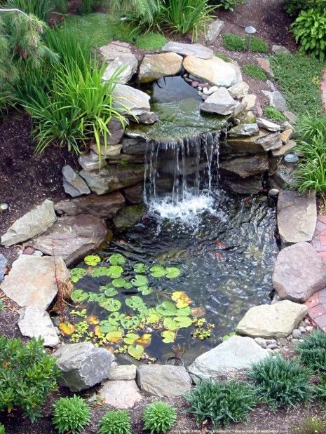 a small pond surrounded by rocks and water lilies in the middle of a garden