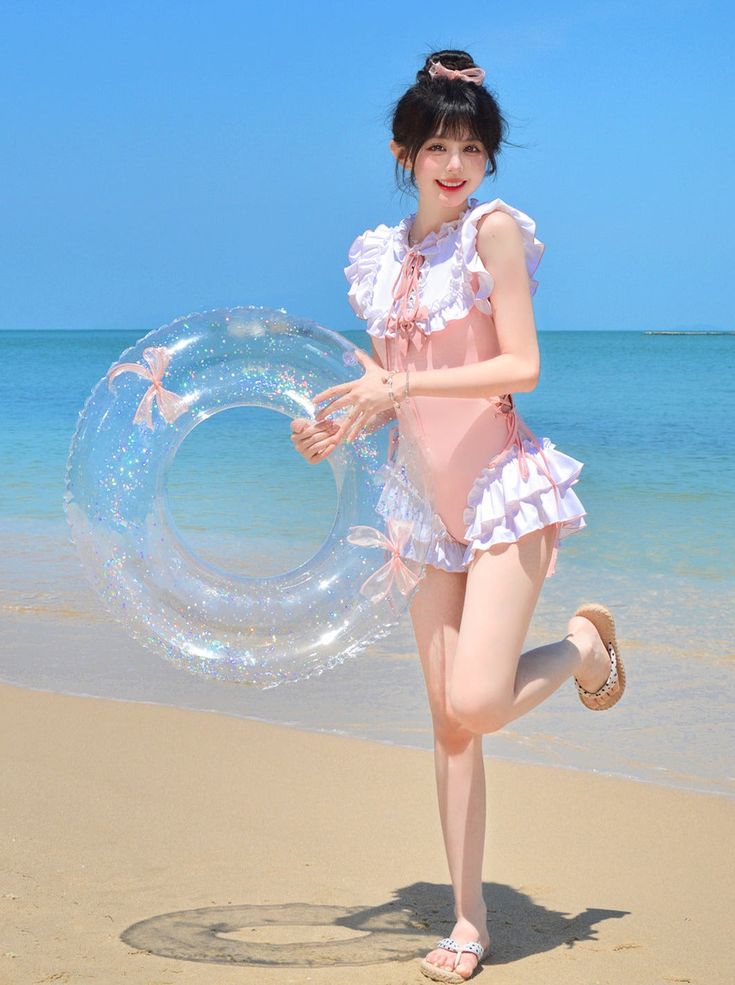 ❤sweet frill color swimsuit❤︎ Beach Pose Reference, Cute Pose Ref, Cute Pose Reference, Swimsuit Photoshoot, Kawaii Swimsuit, Magical Girl Outfit, Swimsuit Cosplay, Swimsuits Photoshoot, Frill Collar