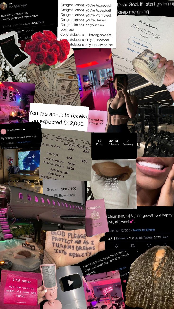 a collage of photos with pink and black colors, including images from the internet