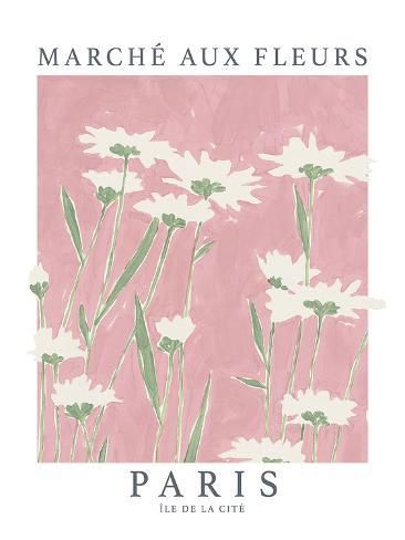 a pink and white poster with flowers on it