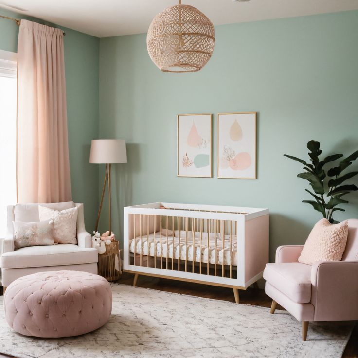 a baby's room with green walls, pink furniture and a white crib