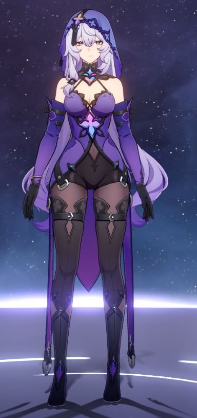 an anime character with purple hair and black boots, standing in front of the night sky