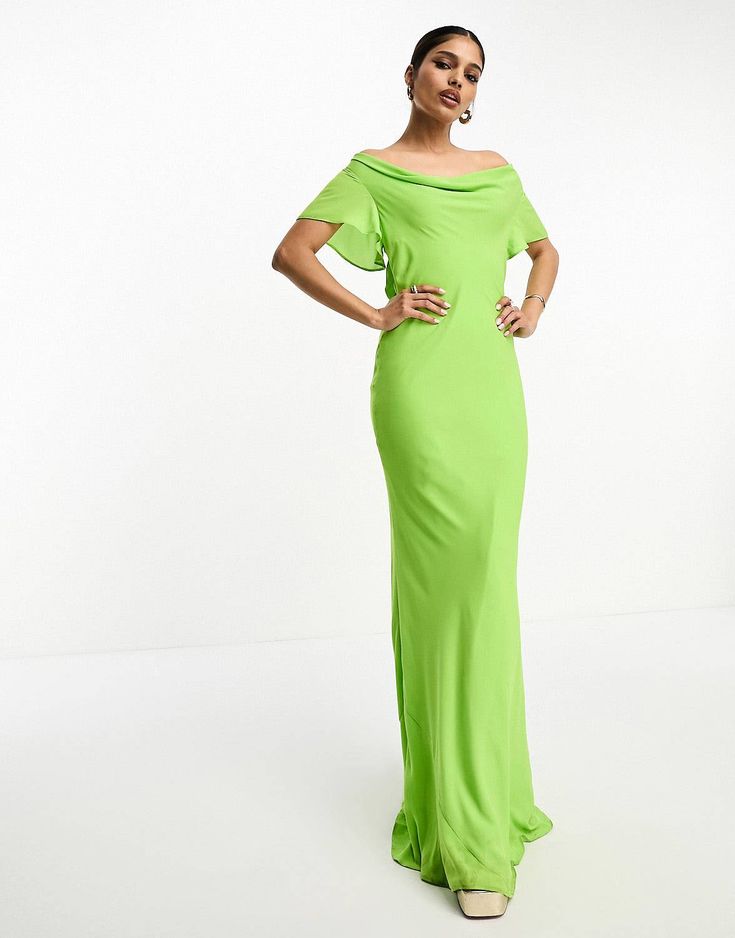 ASOS DESIGN flutter sleeve cowl neck maxi dress in apple green | ASOS Green Short Sleeve Maxi Dress For Formal Occasions, Tux Dress, Cowl Neck Maxi Dress, Dress In, Cold Shoulder Maxi Dress, High Neck Mini Dress, Maxi Jersey Dress, Beach Maxi Dress, Maxi Dress Online