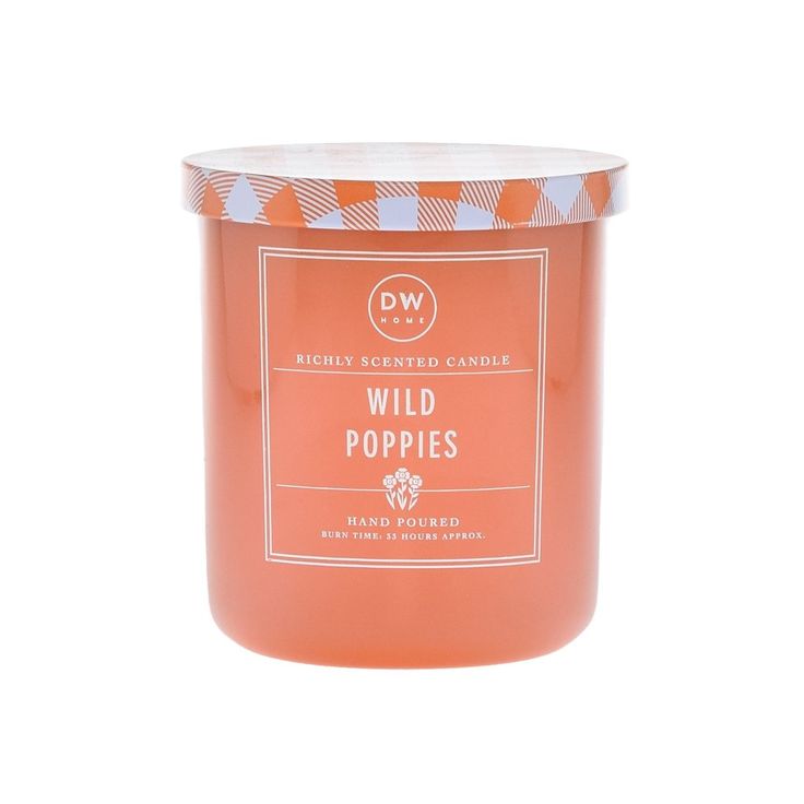 a candle that is orange and white with the words wild poopies on it