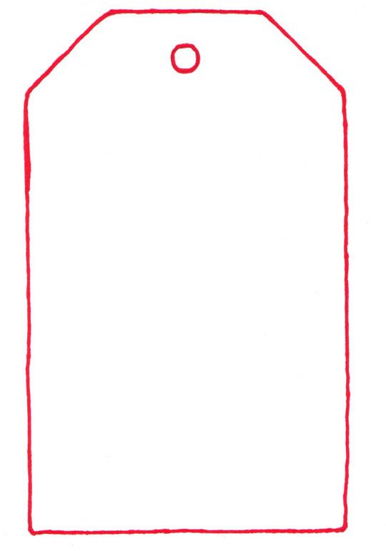 a white tag with red string attached to the top and bottom, on a white background