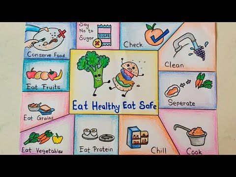 an image of eat's healthy eat safe poster with food items in the middle