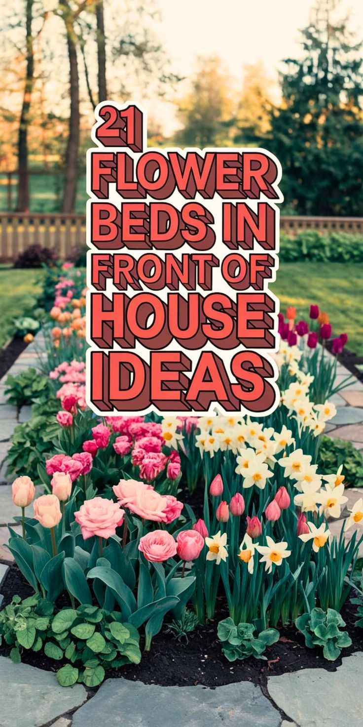 a sign that reads, flower beds in front of house ideas