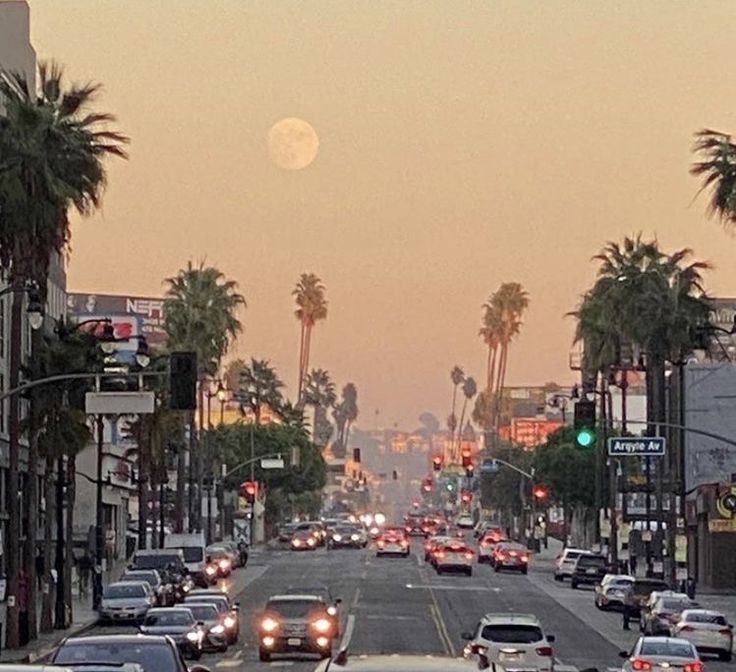 a street filled with lots of traffic next to tall buildings and palm trees at sunset