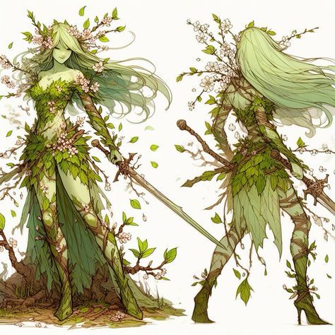 Spring Eladrin Dnd, Plant Dress Drawing, Half Dryad Female, Diy Fairy Cosplay, Arch Fey Dnd, Unseelie Fae Character Design, Nature Spirit Character Design, Fae Concept Art, Botanist Character Design