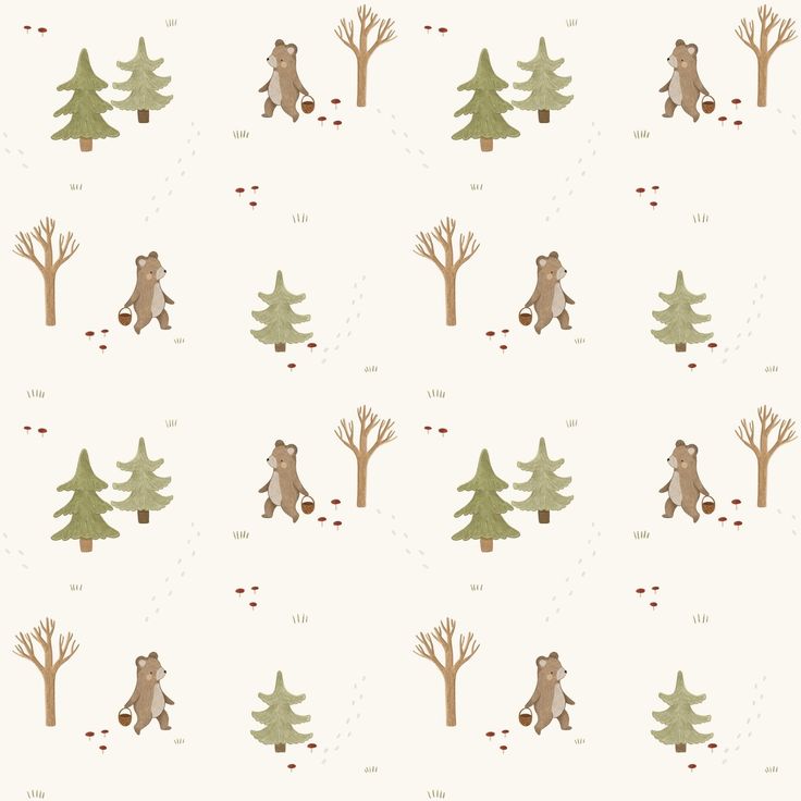 a bear and tree pattern on a white background