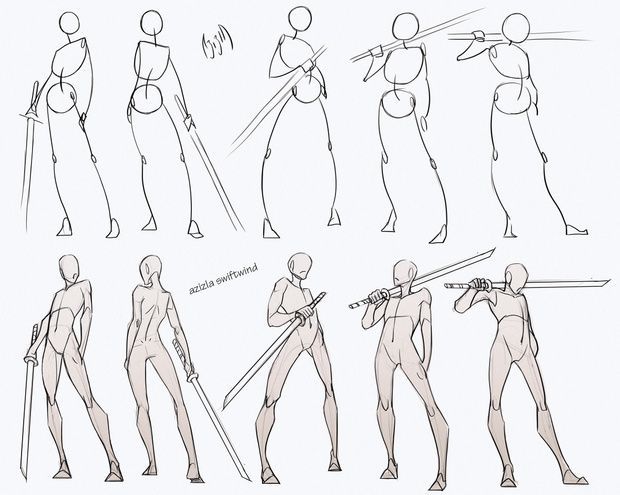 the human figure is shown in various poses and positions, including using different tools to draw them