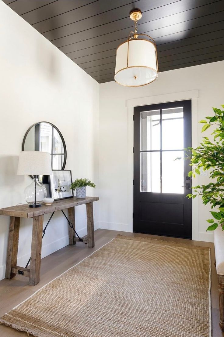 a living room with a rug, mirror and plant on the floor in front of it