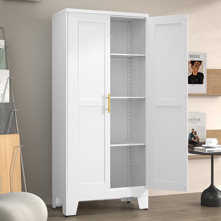 an open white cabinet in a living room