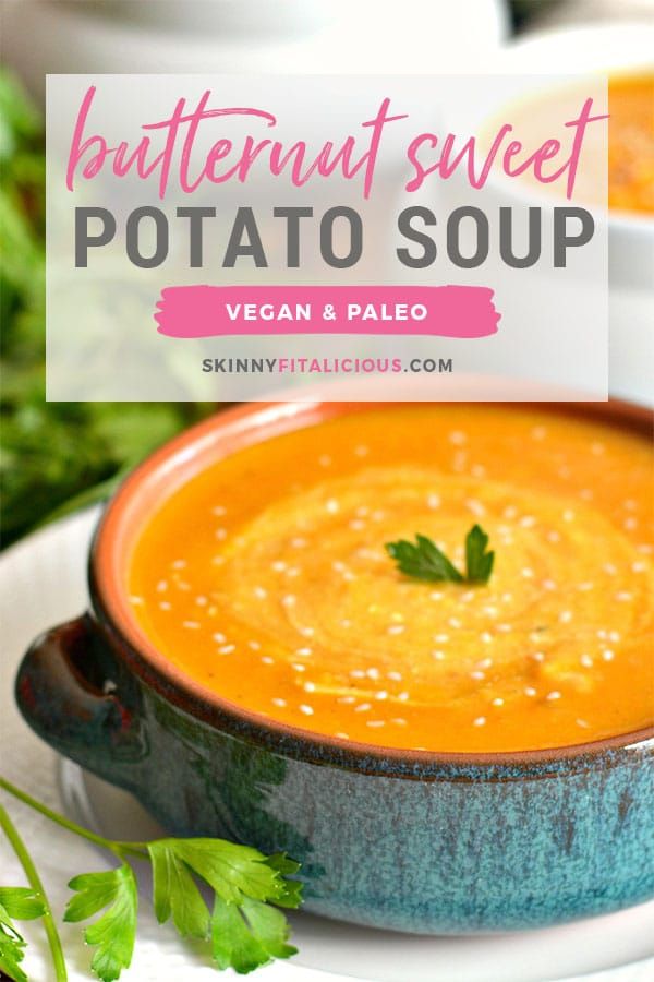 a bowl of butternut sweet potato soup on a white plate with the title overlay