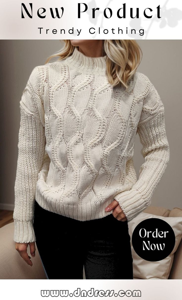 Cable-knit Mock Neck Long Sleeve Sweater Stretch Cable Knit Sweater For Layering, White Stretch Cable Knit Sweater, Cable Knit Crew Neck Sweater For Winter, Stretch Cable Knit High Neck Sweater, Stretch Cable Knit Turtleneck, Casual Knit Long Sleeve Turtleneck, Winter White Knitted Long Sleeve Sweater, Casual Long Sleeve Knit Turtleneck, Stretch High Neck Cable Knit Sweater