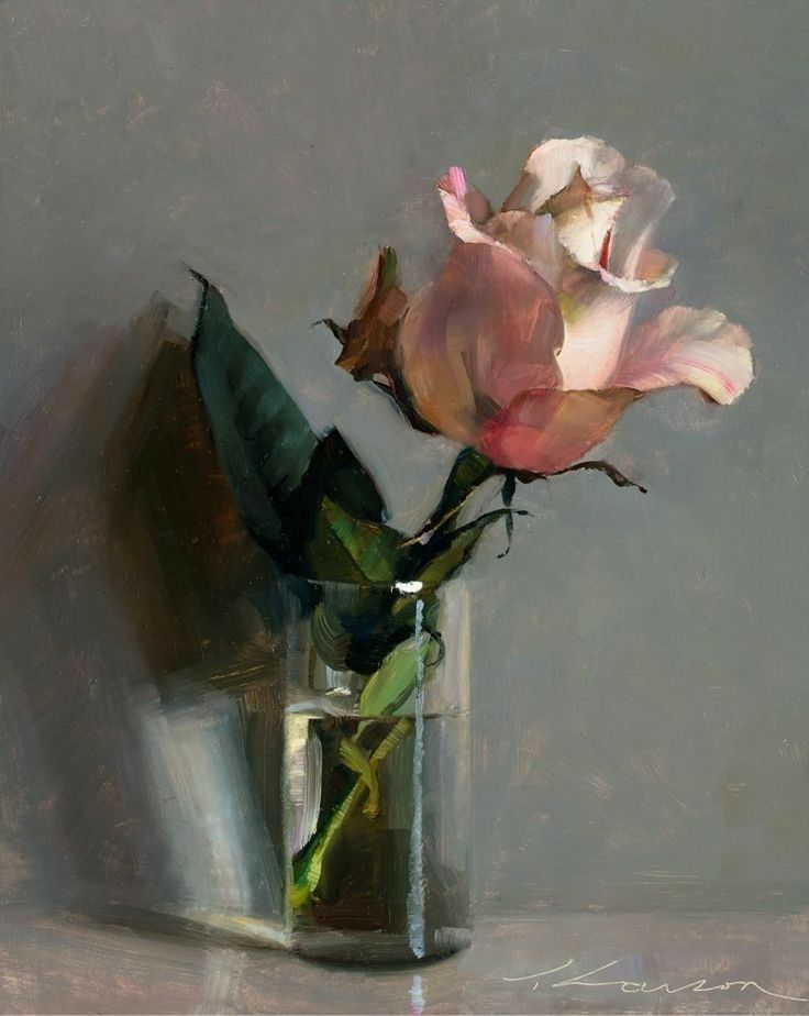 a painting of a pink rose in a vase