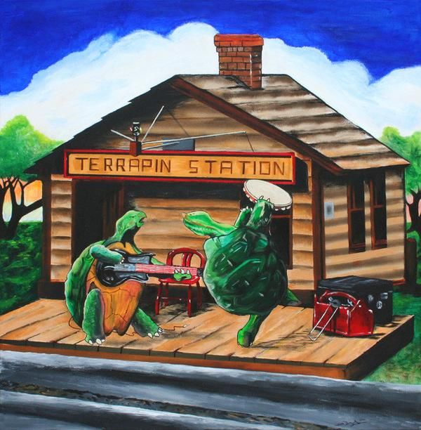 a painting of two people sitting at a table in front of a train station with the words terrapin station painted on it