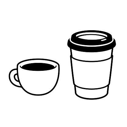 a cup of coffee next to a mug with a lid on the side, black and white