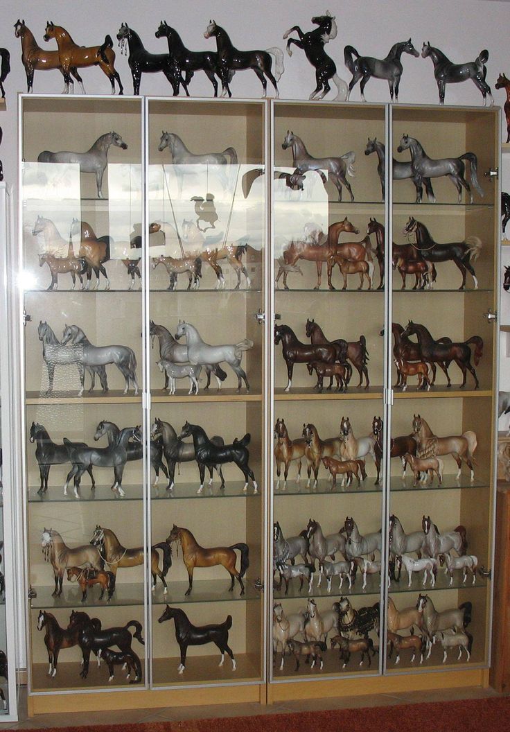 a display case filled with lots of different types of toy horses