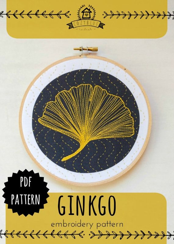 an embroidery pattern with the words ginko written in yellow on it, and a black background