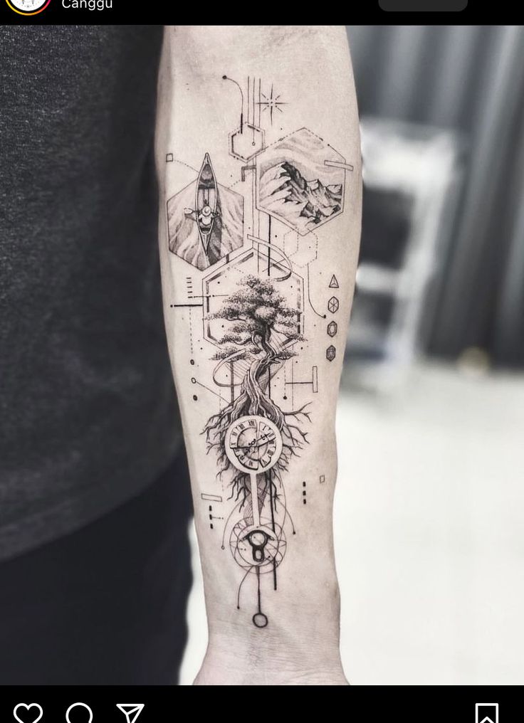 a man's arm with a clock and tree tattoo on the left inner forearm