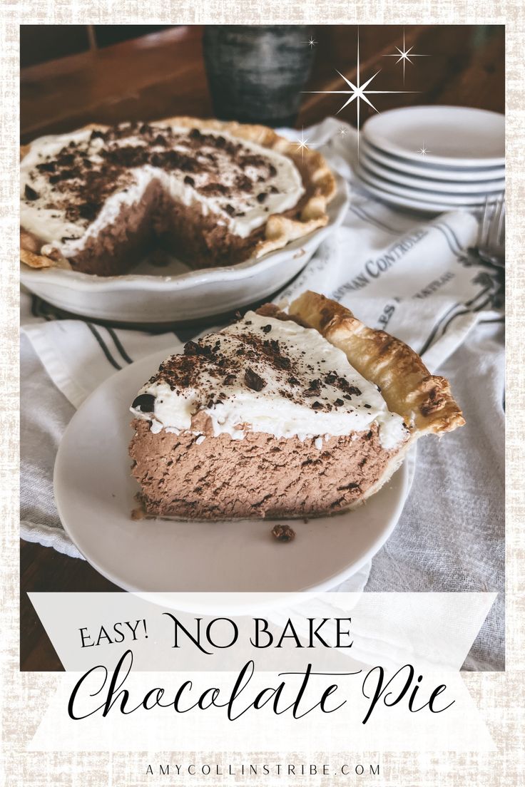 two pies on plates with the words easy no bake chocolate pie