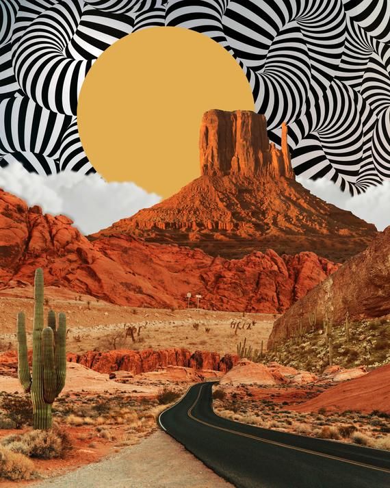 an image of a desert scene with mountains and a road in the foreground that has a zebra print over it