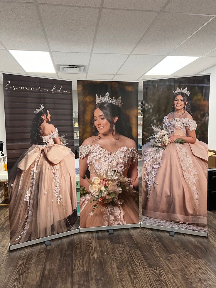 three pictures of women in gowns and tiaras, one is wearing a flower crown