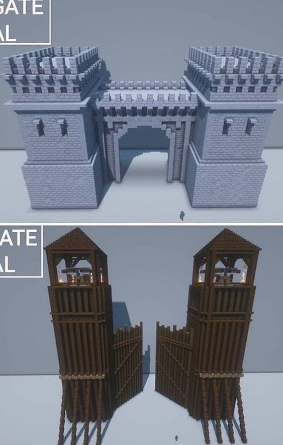 two different views of the same gate and tower in minecraft, one is made out of wood