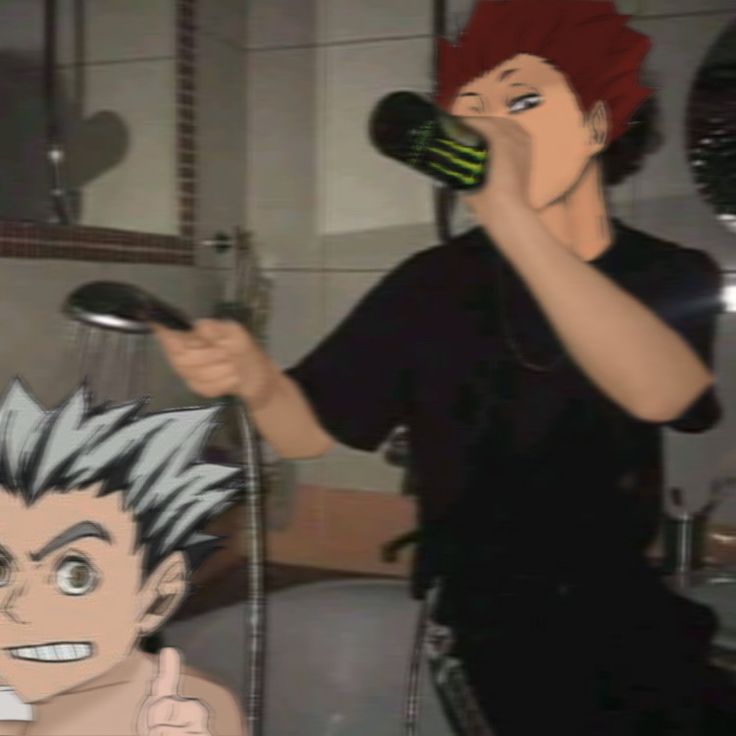 two anime characters are brushing their teeth in the bathroom while one is talking on his cell phone