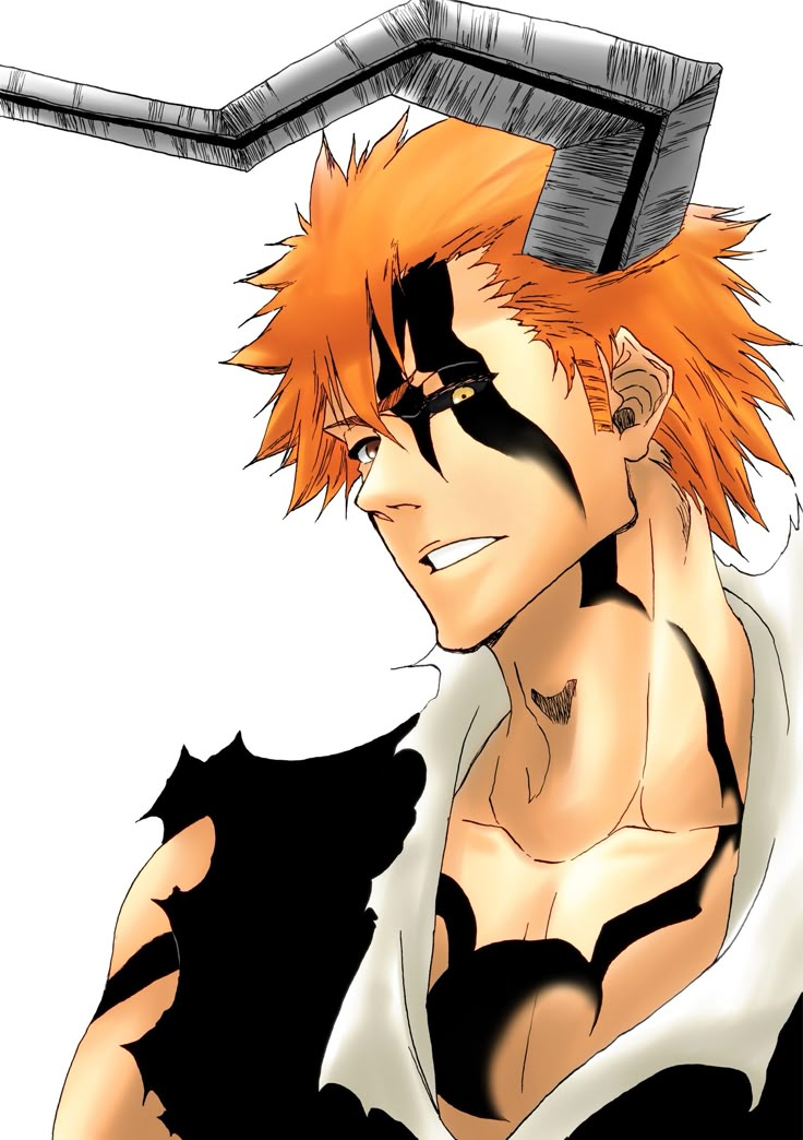 an anime character with orange hair and black makeup, holding a hammer over his head